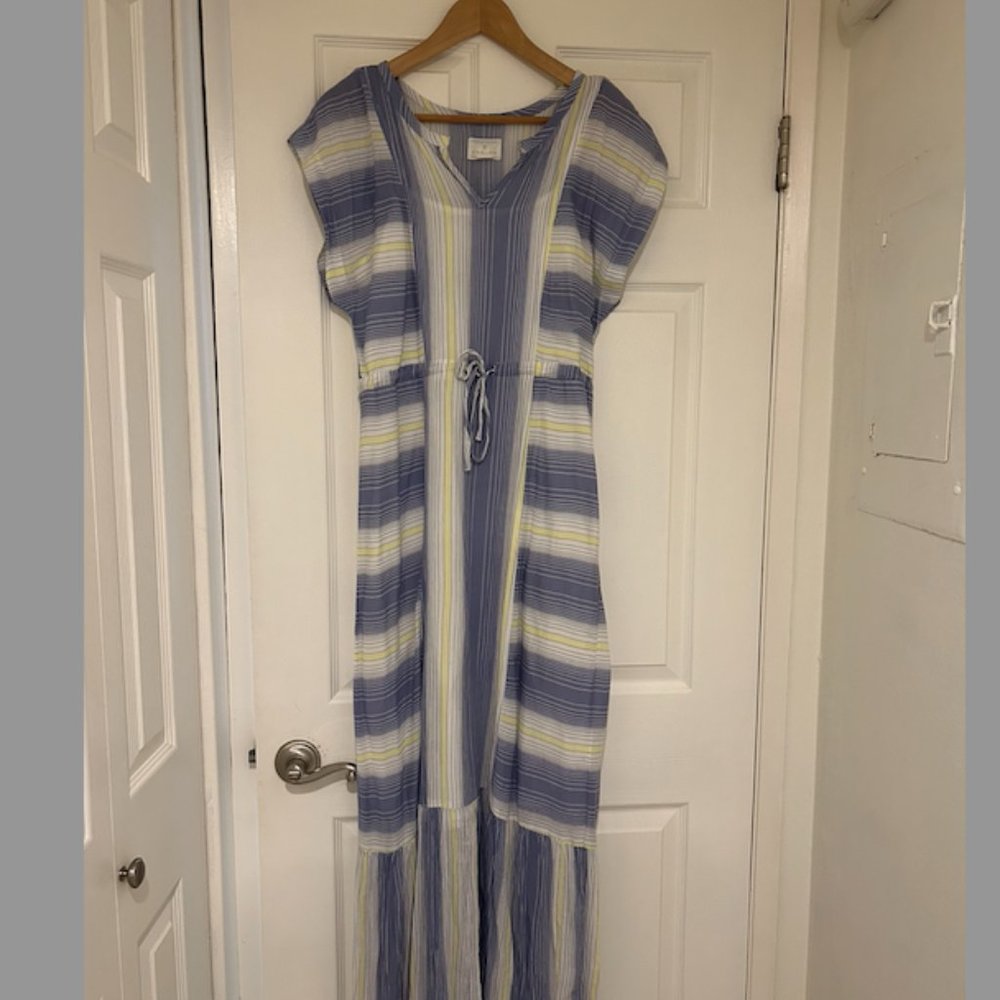 CASLON Summer Maxi Dress Blue White Stripe Cropped Sleeve XS